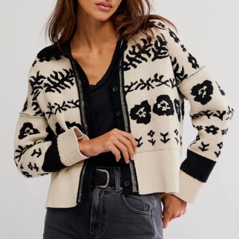 New Free People Neutral Combo Floral Cardigan Sweater Black White Small